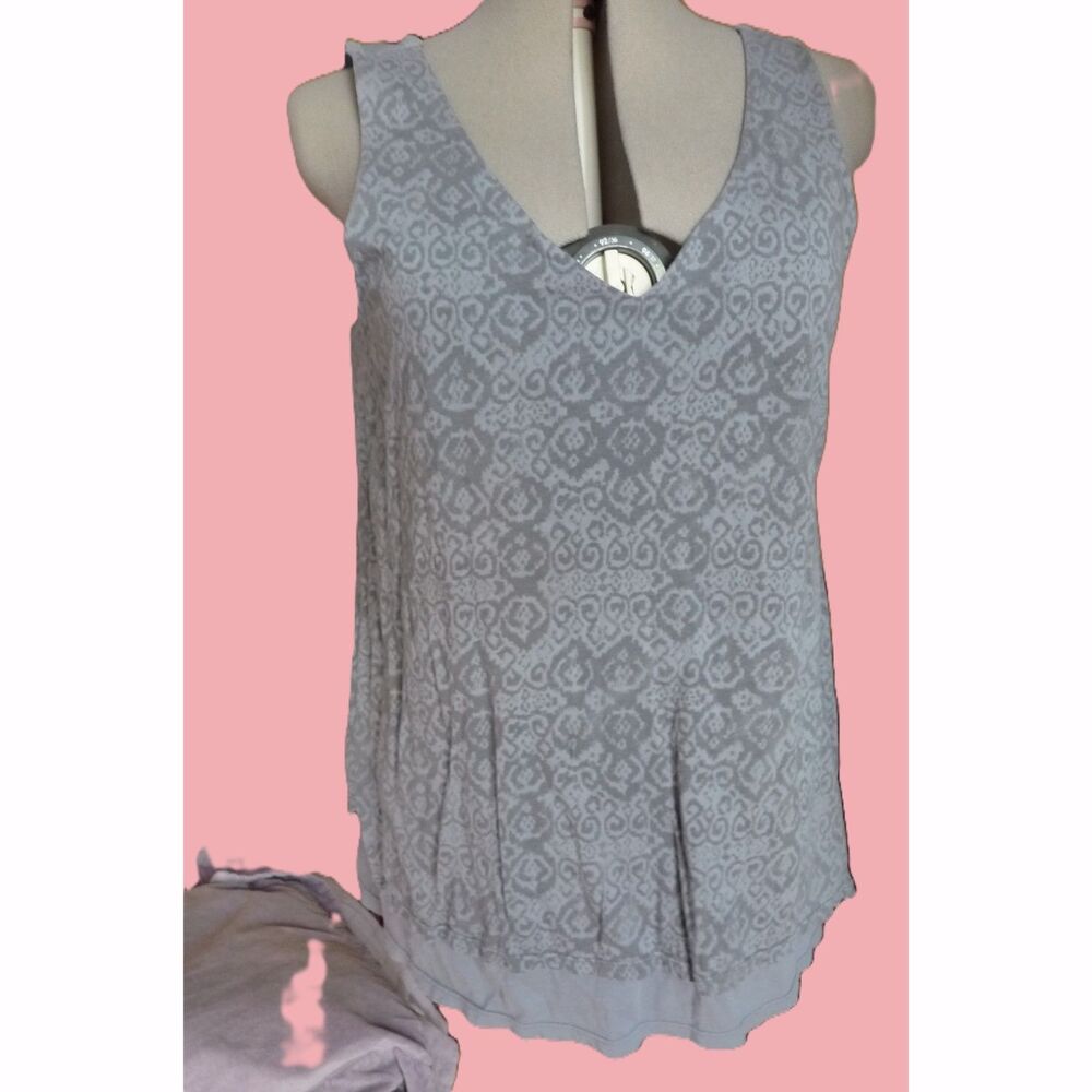 Prairie Cotton V-neck Layered Tank Top Tunic Tonal Ikat Print Made in USA L